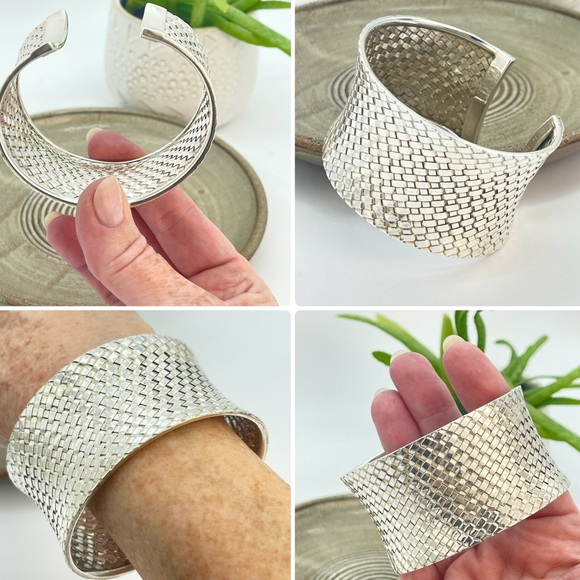 Silver Wide Woven Mesh Open Cuff Bracelet | Large Bold Basket Weave Sterling - Picture 1 of 17